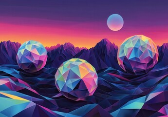Poster - Vibrant Geometric Landscape with Colorful Spheres and Futuristic Mountains Under a Stunning Gradient Sky at Dusk