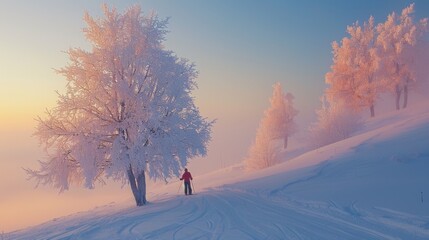 Poster - A skier glides through a serene winter landscape, surrounded by frost covered trees, as the sun sets, casting a soft glow across the snowy terrain.