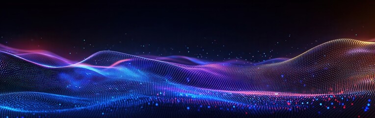 Poster - Vibrant Waves of Colorful Light Flowing in a Digital Landscape with Sparkling Dots and a Dark Background for Abstract and Technology Themes