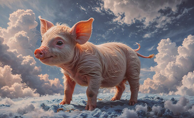 Poster - Pig is standing on a cloud with its head up. The sky is cloudy and the pig is looking up