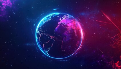 Poster - Vivid Digital Illustration of Earth Surrounded by Cosmic Colors and Stars in a Universe Filled with Energy, Light, and Movement