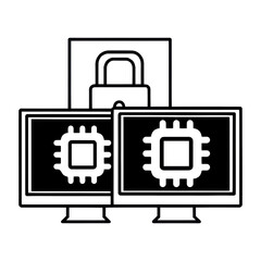 Poster - Digital Security Concept Featuring Computers and CPU with Lock Symbol for Cyber Protection and Privacy Assurance