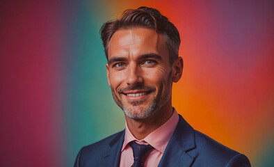 Poster - Man in a suit and tie is smiling for the camera. The image has a bright and colorful background, which adds to the overall cheerful mood of the photo