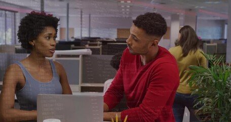Poster - Two colleagues discussing work at office with code animation overlay