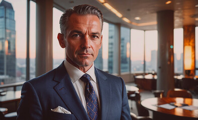 Poster - Man in a suit and tie stands in front of a window, looking out at the city. He is a businessman, as he is wearing a tie and a suit. The room he is in has a few chairs