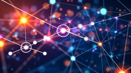 Poster - Abstract digital network with connected nodes, glowing lines, and bokeh effects against dark background.