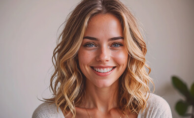 Poster - Woman with blonde hair and blue eyes is smiling. She has a short haircut and is wearing a white shirt
