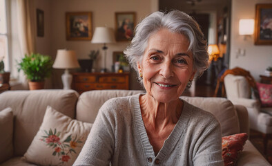 Poster - Woman is sitting on a couch in a living room. She is smiling and looking at the camera