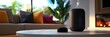 © Anat art - Stylish living room featuring smart speakers as a user gives voice commands to adjust lighting and music settings in a modern space