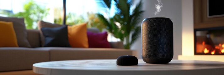 Aufkleber - Stylish living room featuring smart speakers as a user gives voice commands to adjust lighting and music settings in a modern space