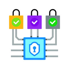 Poster - Secure Data Connection Concept with Colorful Padlocks and Central Lock Icon Representing Digital Security and Safety