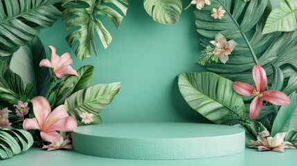 Poster - A soft pastel-themed 3D podium adorned with elegant floral and leafy accents, glowing with freshness.