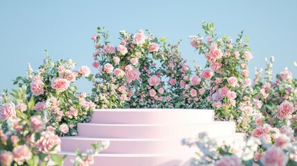 Poster - A soft pastel-themed 3D podium adorned with elegant floral and leafy accents, glowing with freshness.