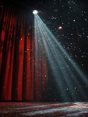 Poster - Dramatic stage spotlight illuminates red velvet curtains and falling confetti creating a magical theatrical atmosphere with a low angle view