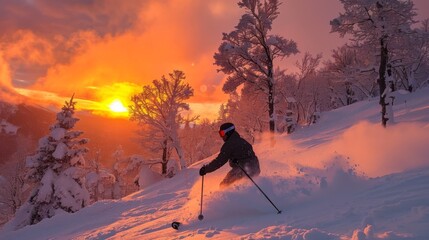 Aufkleber - A skier gracefully navigates through fresh snow while the sun sets behind the mountains, casting warm hues across the winter landscape. Trees lined with snow enhance the serene atmosphere.