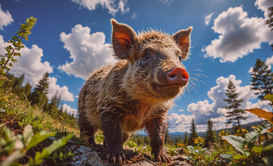 Poster - Pig is standing in a field with trees in the background. The sky is blue and there are clouds in the background