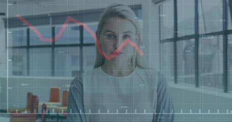 Poster - In office, businesswoman reviewing financial graph animation on computer screen