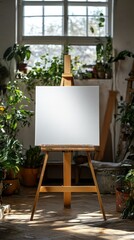 Poster - In a serene art studio, a wooden easel holds a blank canvas surrounded by lush green plants. Sunlight pours through large windows, illuminating the space and inspiring creativity