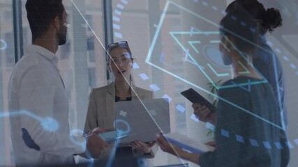 Poster - Collaborating in office, business team with digital data processing animation overlay