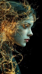 Wall Mural - portrait of a young woman with ethereal golden light and flowing hair capturing a moment of serenity