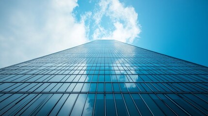 Poster - A towering skyscraper stretches upwards, its glass facade mirroring the brilliant blue sky and fluffy white clouds. The sunlight glistens on the building, creating a dazzling effect
