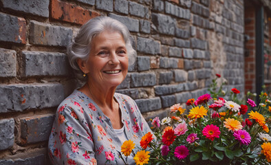 Aufkleber - Woman is smiling and holding a bouquet of flowers. The flowers are a mix of different colors, including pink, yellow, and orange. The woman is standing next to a brick wall, and the scene appears to