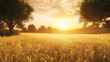© Akkun - A serene landscape at sunset with golden fields and trees.