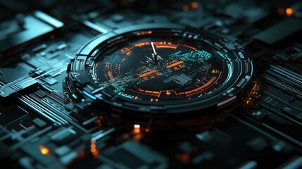 Poster - A futuristic clock with time zones displayed in a holographic interface.