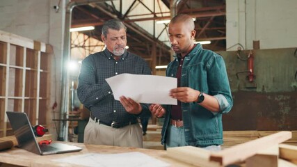 Aufkleber - Carpentry, workshop and men with blueprints for woodwork, furniture restoration and teamwork. Construction, factory and contractor in discussion for meeting with timber, lumber or manufacturing