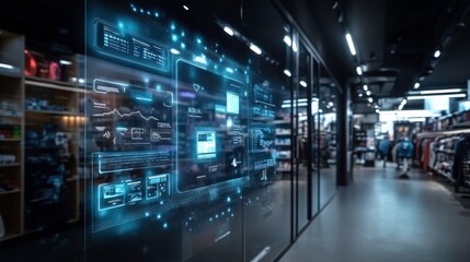 Poster - a futuristic retail environment featuring digital displays and technology integrated into the shoppi