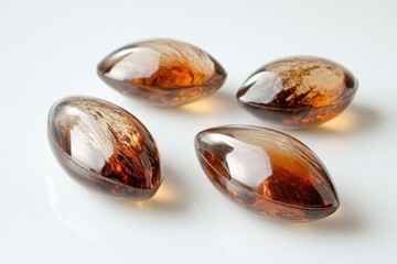 Poster - Captivating amber gems on a clean white surface showcasing their unique shape and warm color palette creating a sense of elegance and design