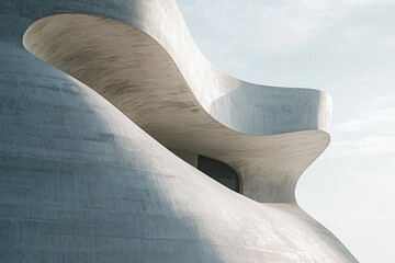 Poster - Futuristic Urban Architecture with Wavy Glass Facade Reflecting Dramatic Sky, Generative AI