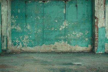 Poster - Distressed Turquoise Wall in Abandoned Room with Peeling Paint and Brick Accents Evoking Decay and Urban Exploration for Atmospheric Backgrounds