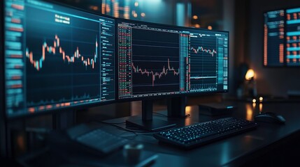 Poster - A modern trading setup featuring dual monitors displaying stock market data and financial graphs in a dimly lit environment.