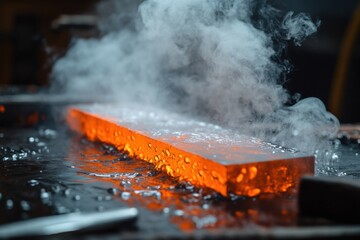 Aufkleber - Red hot metal billets submerged in water for tempering, creating steam in an energetic workshop environment