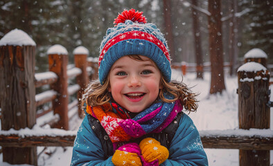 Poster - Young girl wearing a blue hat and a colorful scarf is smiling in the snow. She is holding two mittens in her hands