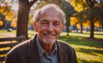Poster - Man with a beard and gray hair is smiling in a park. He is wearing a brown jacket and a gray shirt