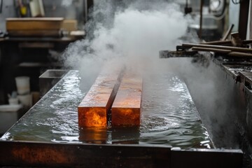 Aufkleber - Red hot metal billets submerged in water for tempering while steam rises in a busy workshop filled with tools and equipment