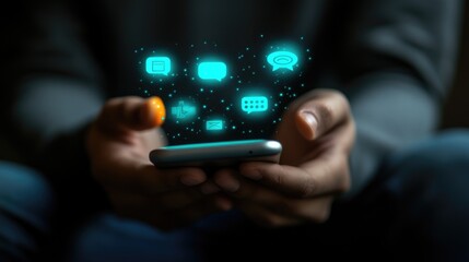 Poster - Business communication through mobile devices with glowing digital messages.