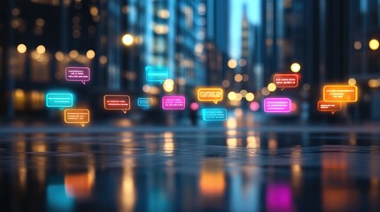 Poster - Business communication through mobile devices with glowing digital messages.