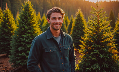 Aufkleber - Man is standing in front of a row of pine trees, smiling and posing for a picture