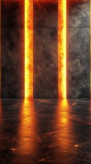 Poster - Dramatic Interior with Glowing Orange Light Panels Against Dark Concrete Wall and Reflective Floor Creating a Modern and Industrial Ambiance