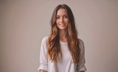 Poster - Woman with long brown hair is smiling and wearing a white shirt. She is standing in front of a white wall