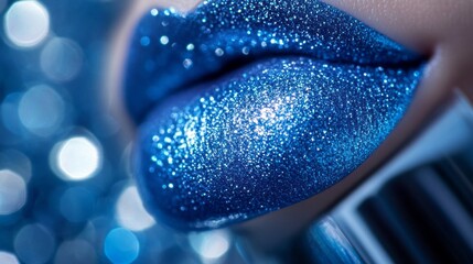 Poster - A mesmerizing close-up reveals sparkling blue lips adorned with glitter, creating a stunning focal point against a blurred, shimmering backdrop, perfect for evening celebrations
