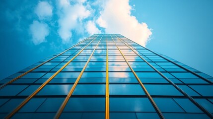 Poster - The towering glass skyscraper reflects the vibrant blue sky adorned with fluffy white clouds. Sunlight illuminates the structure, showcasing its elegant lines and modern design