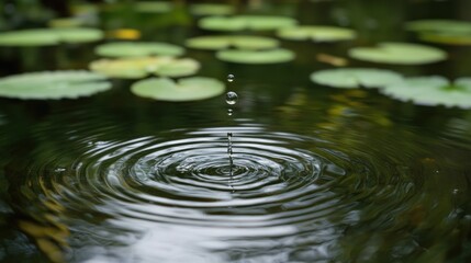 Poster - Close-up of a raindrop falling into a still pond, creating ripples.