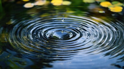 Poster - Close-up of a raindrop falling into a still pond, creating ripples.
