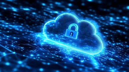 Poster - securing the cloud a glowing blue lock symbol in the digital landscape