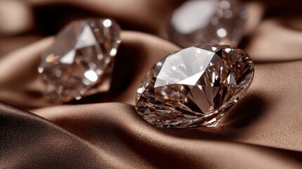 Poster - Radiant diamonds resting on luxurious brown silk fabric capturing elegance and sophistication with a shallow depth of field and soft lighting