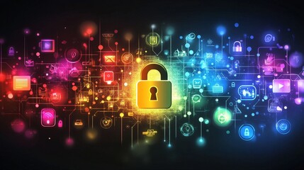 Poster - enhancing data security glowing lock icon amidst digital threats cybersecurity visual content virtua